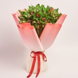 Elegant bouquet with pink flowers and green leaves, flowers theme